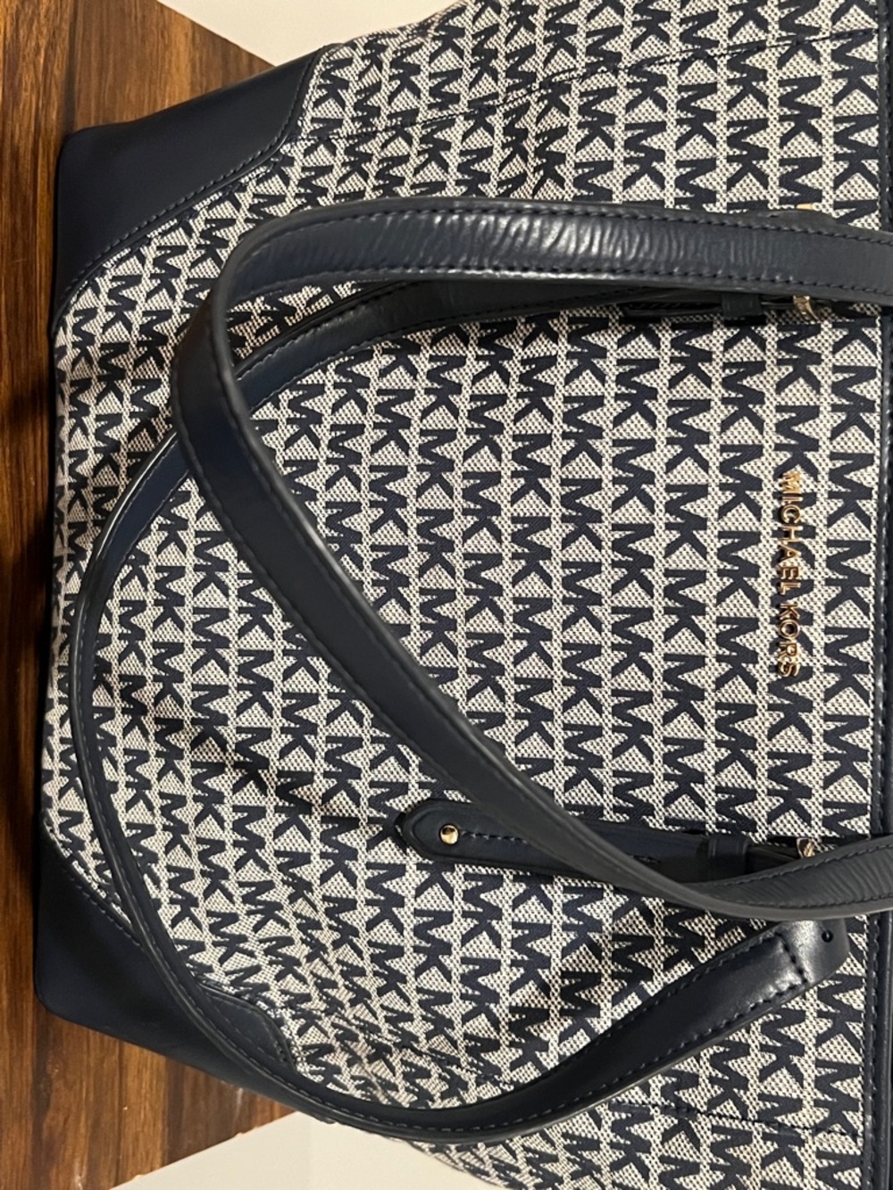 Michael Kors Aria LG Tote Bag Navy Signature MK Monogram Large Shoulder Bag - Picture 11 of 12